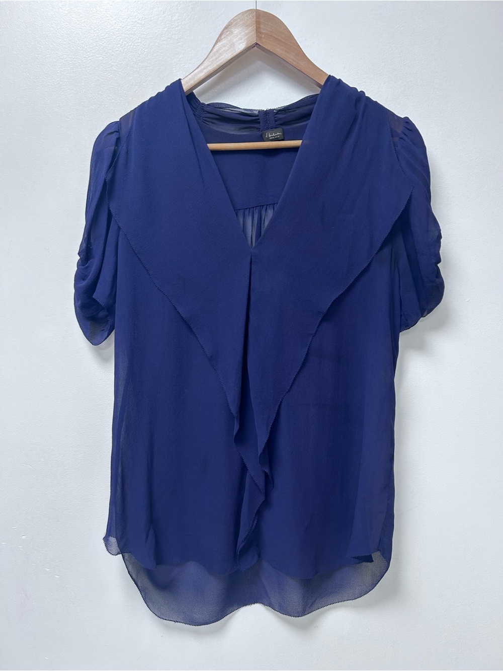 Aritzia Babaton Women’s 100% Silk Navy Blue Ruffle Blouse Sheer Sleeves Size M